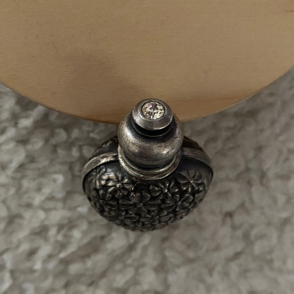 Minature Heart Silvertone Over Glass Perfume Bottle Jeweled Stopper - Picture 4 of 13